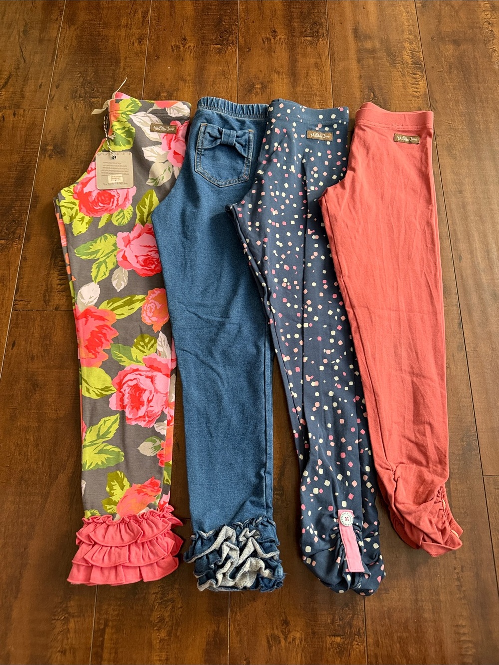 Matilda Jane Girls Floral Pink Coral Navy Dot Denim Leggings Bundle